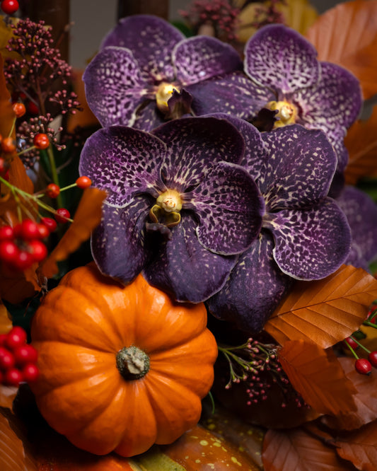 Spooky Pumpkin Flower Arrangement featuring purple Vanda orchids, red ilex berries, and glowing brown taper candles in a carved pumpkin